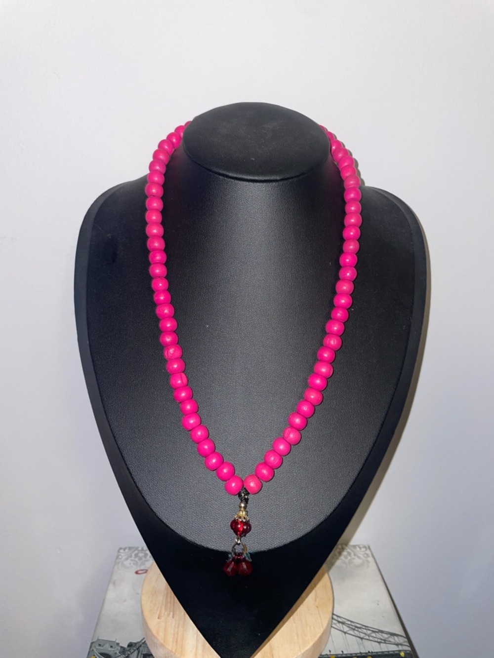 Hot Pink Wooden Beaded Necklace with Red Pendant